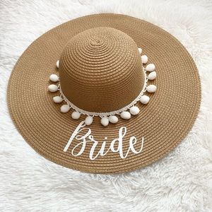 New Custom Bride White Pom Pom Tan Floppy Beach Hat Summer Wedding Bachelorette